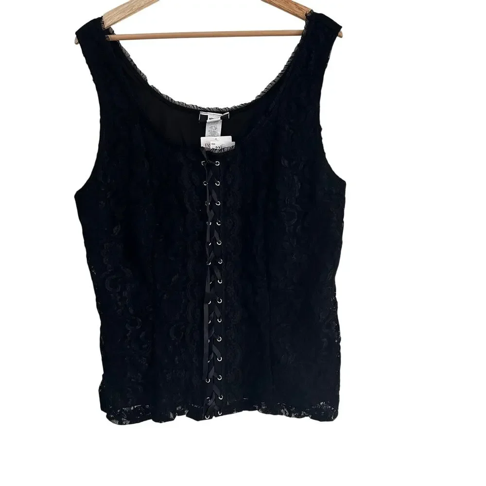 Black Lace Corset Tank Top 22W Lace Up Bustier Stretch Goth Y2K Whimsigoth - Picture 5 of 7